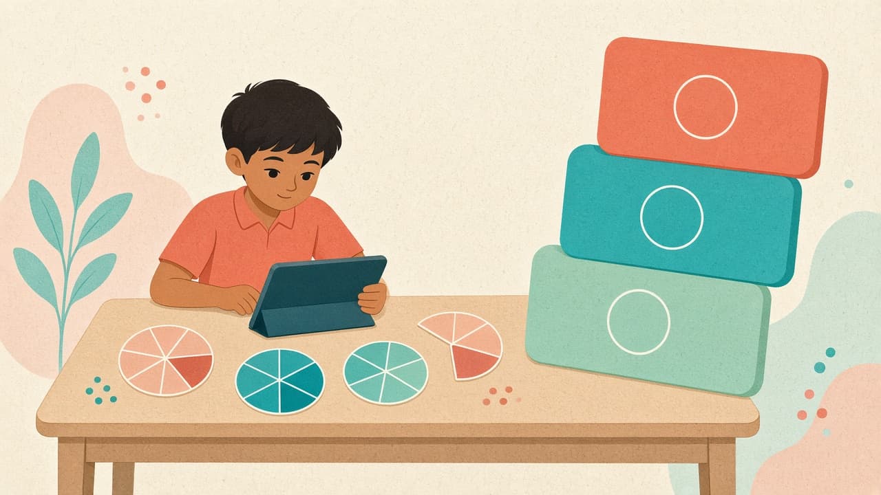 Class 5 child with a tablet beside three stacked Easy, Medium and Hard check cards